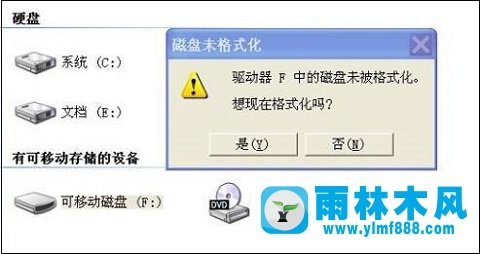 雨林木风xp电脑连接U盘后提示“磁盘未被格式化”如何解决？