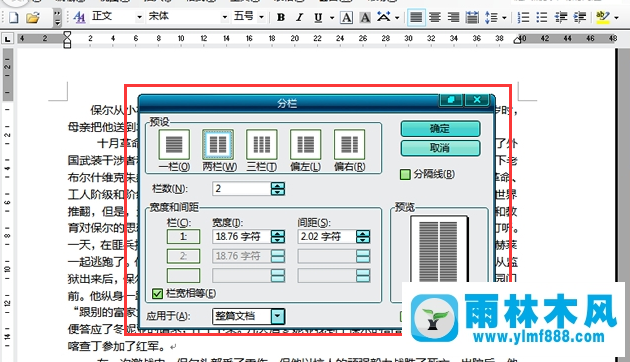 雨林木风xp系统电脑Word分栏的用法